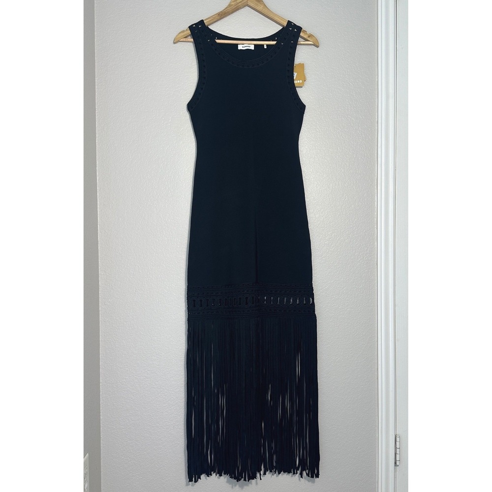 Sandro Crochet Fringe Black Resort Concert Midi Knit Dress, Cocktail LBD Large/8 - Picture 3 of 16